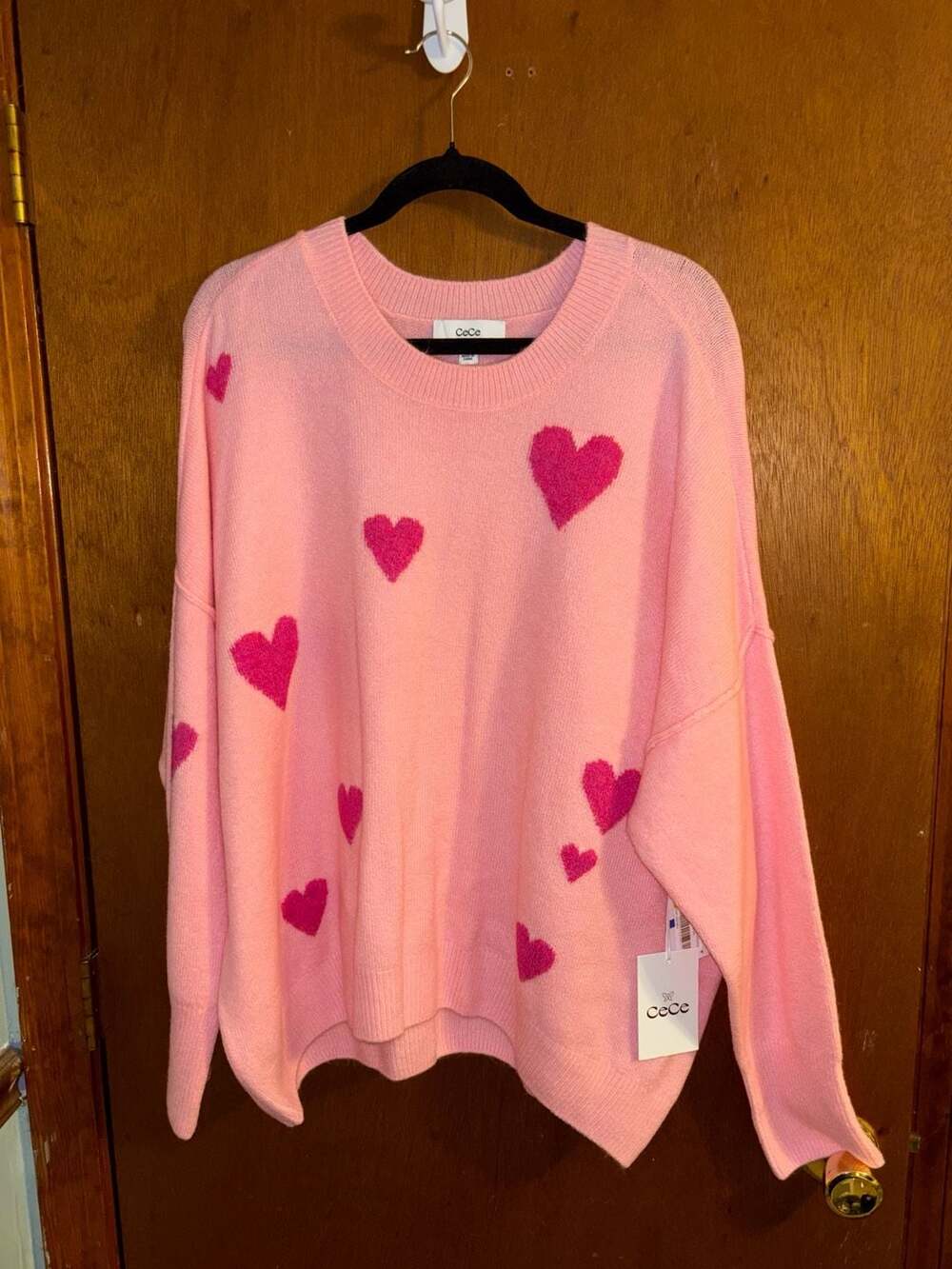 CeCe Heart Pattern Sweater Size XL Pink Pullover Long Sleeve Knit
